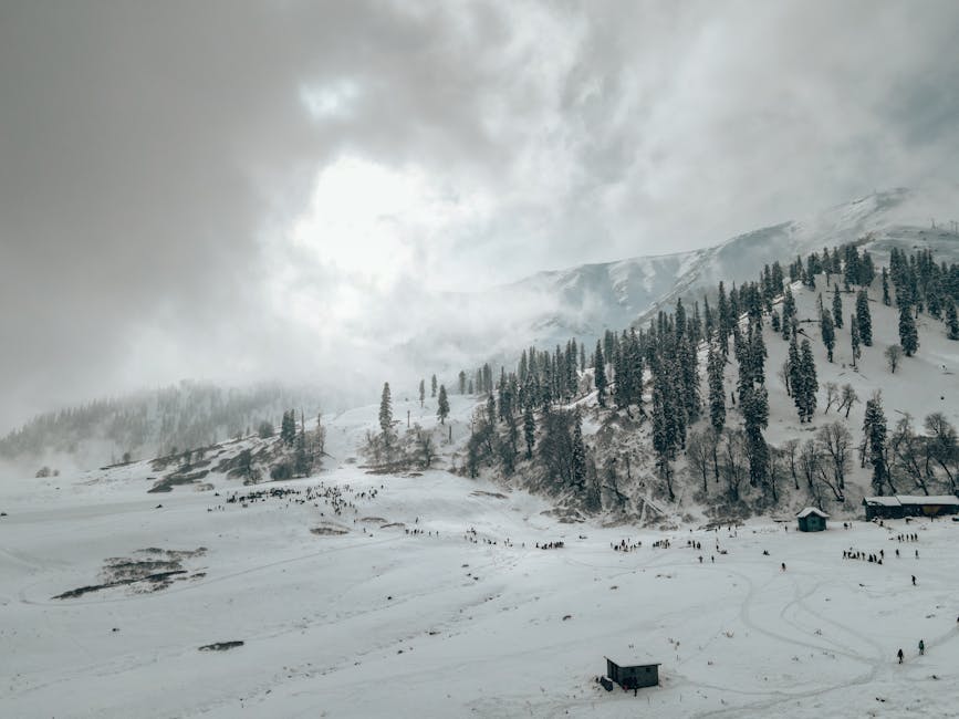 A stunning winter scene in Gulmarg featuring snow-covered mountains and pine trees under a cloudy sky.