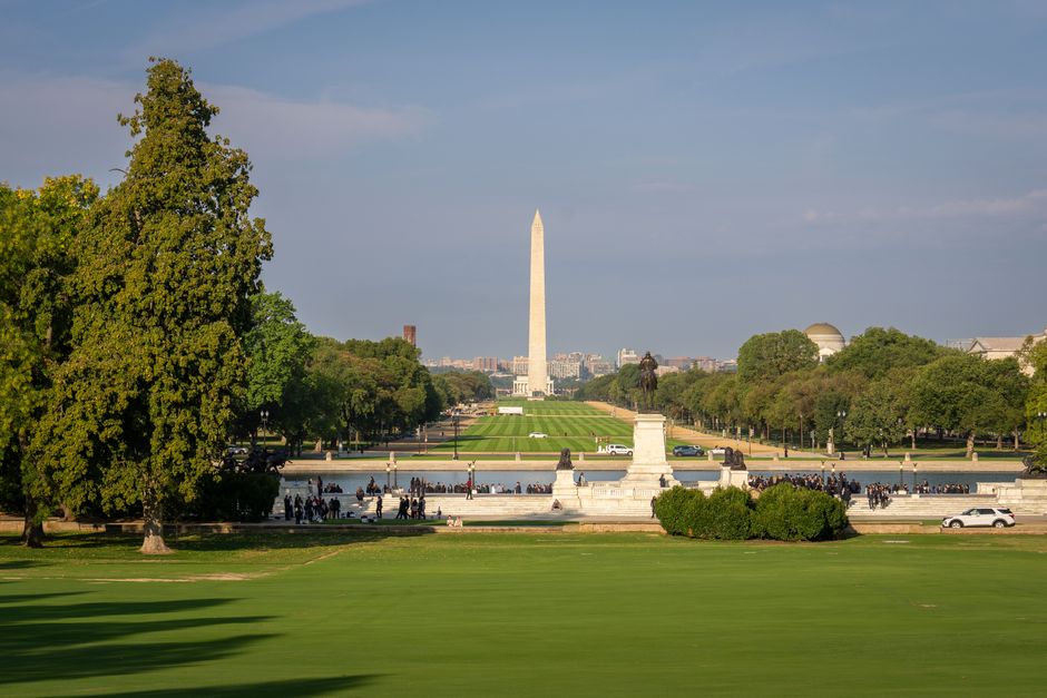 A scenic view of the Washington Monument surrounded by lush trees, under a clear sky.